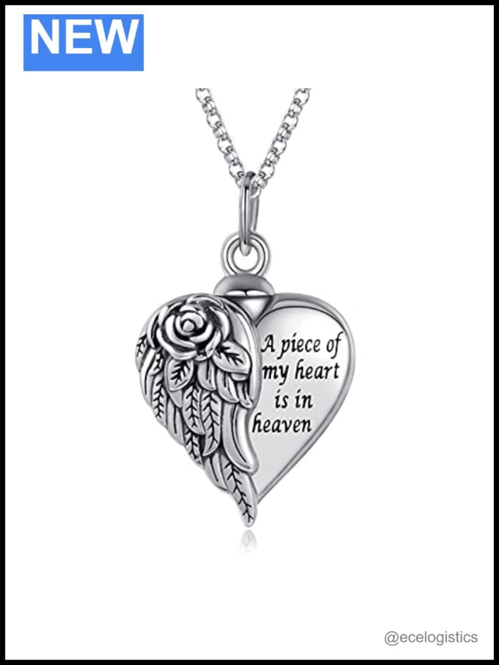 Sterling Silver Angel Wing Heart Urn Pendant Necklace Memorial Ashes Keepsake